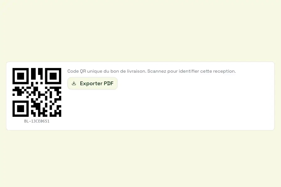 Theo screenshot: QR code of a delivery note and the PDF export button