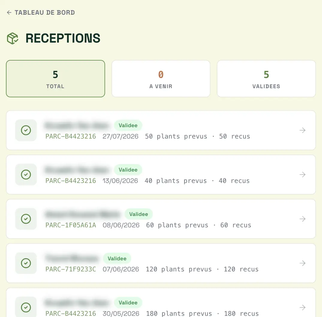 Theo app screen listing validated seedling deliveries
