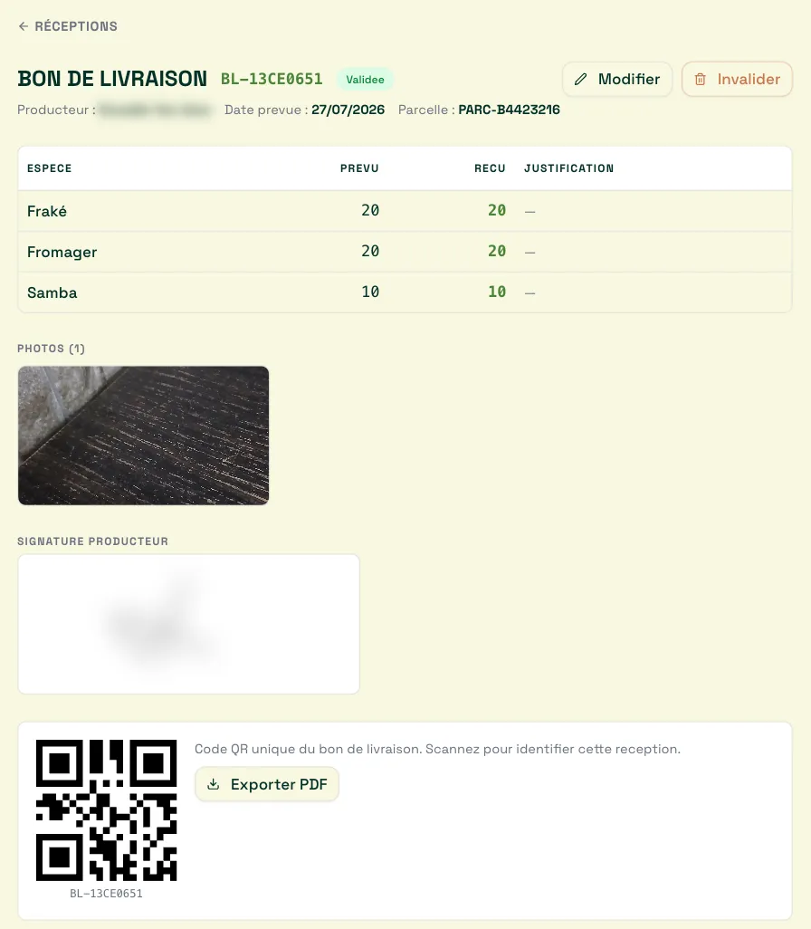 Delivery note in Theo: species received, photo, farmer’s signature and QR code