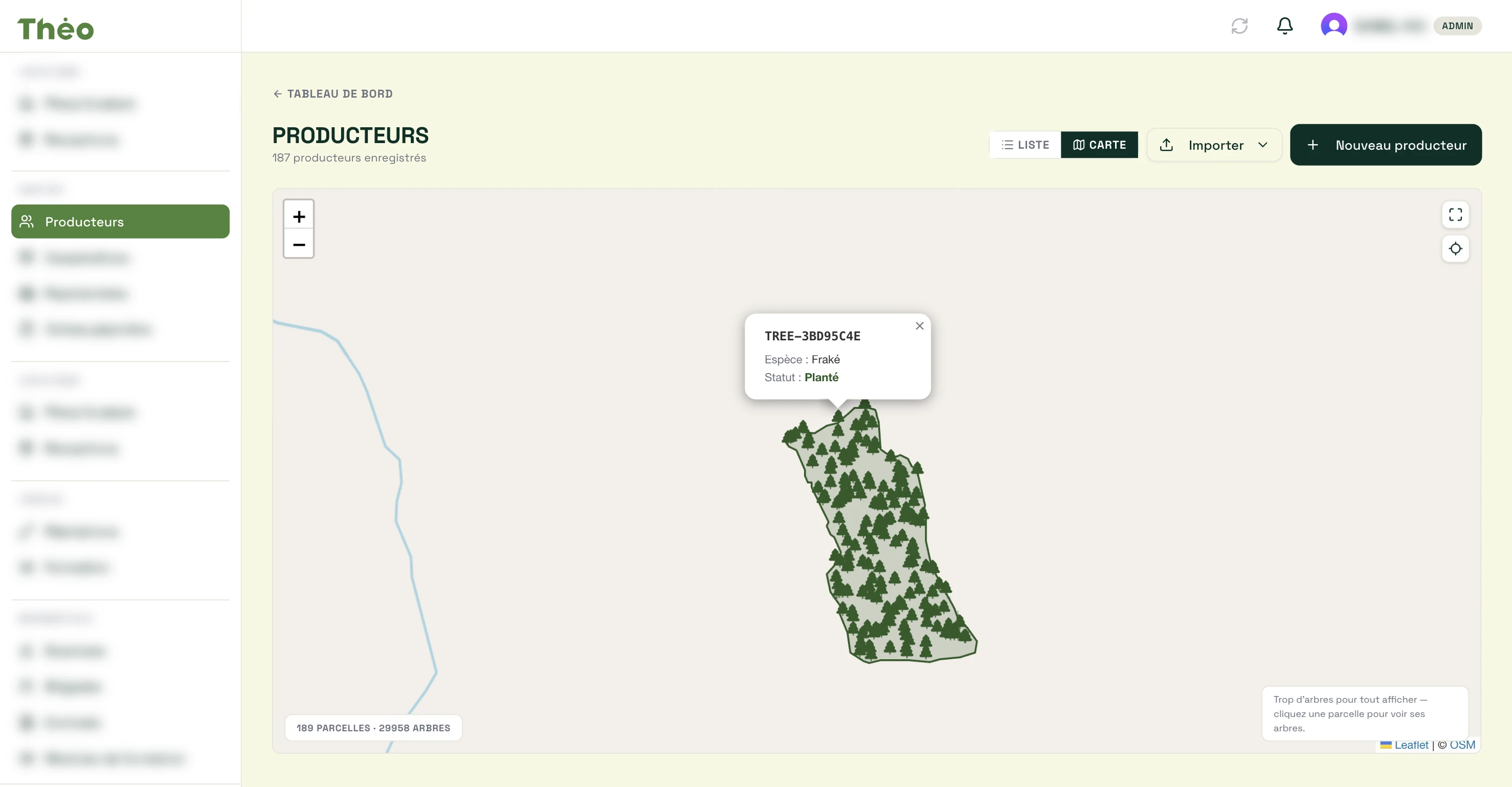 Theo screenshot: map of a plot and its trees in the Farmers section