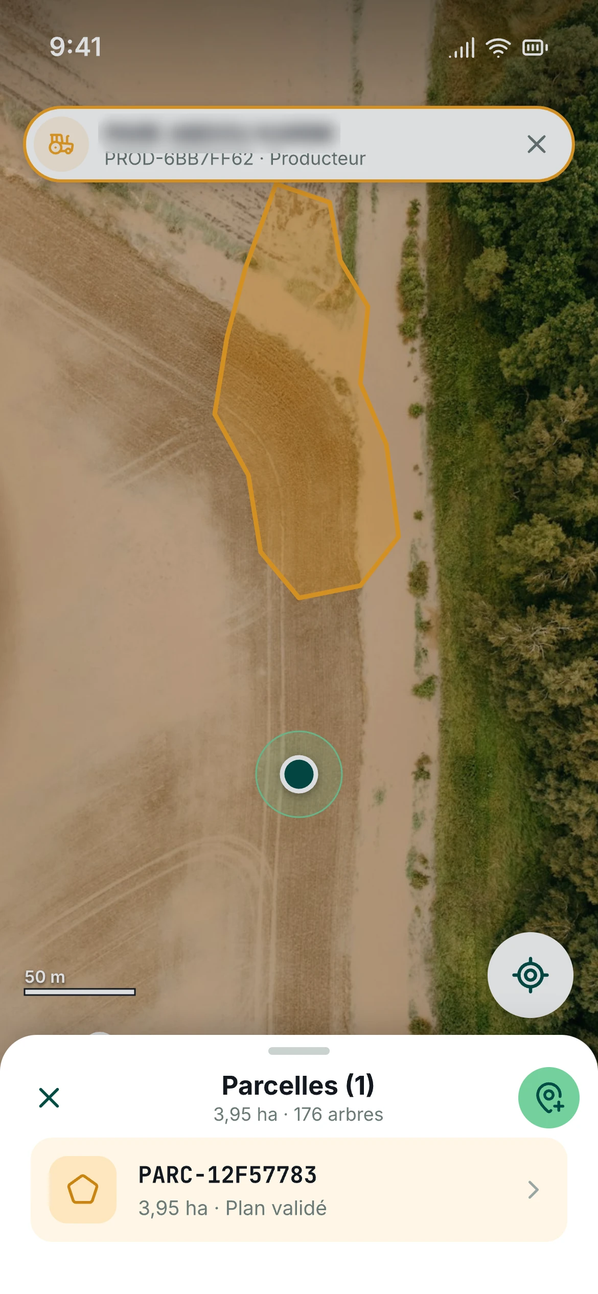 Plots screen of the Theo mobile app: a farmer’s plot outlined on the map, with its area and number of trees