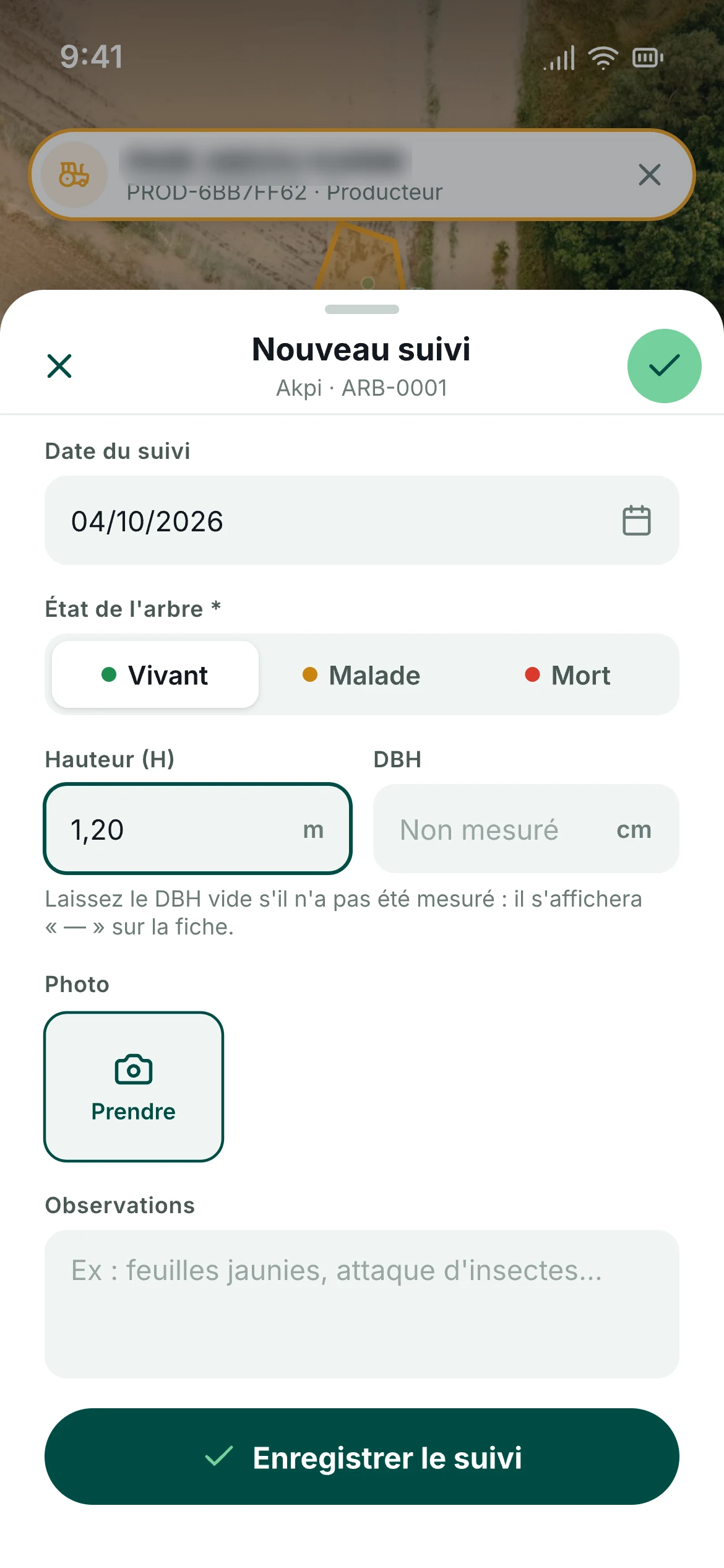 New monitoring visit screen of the Theo mobile app: date, tree condition, height, diameter and photo