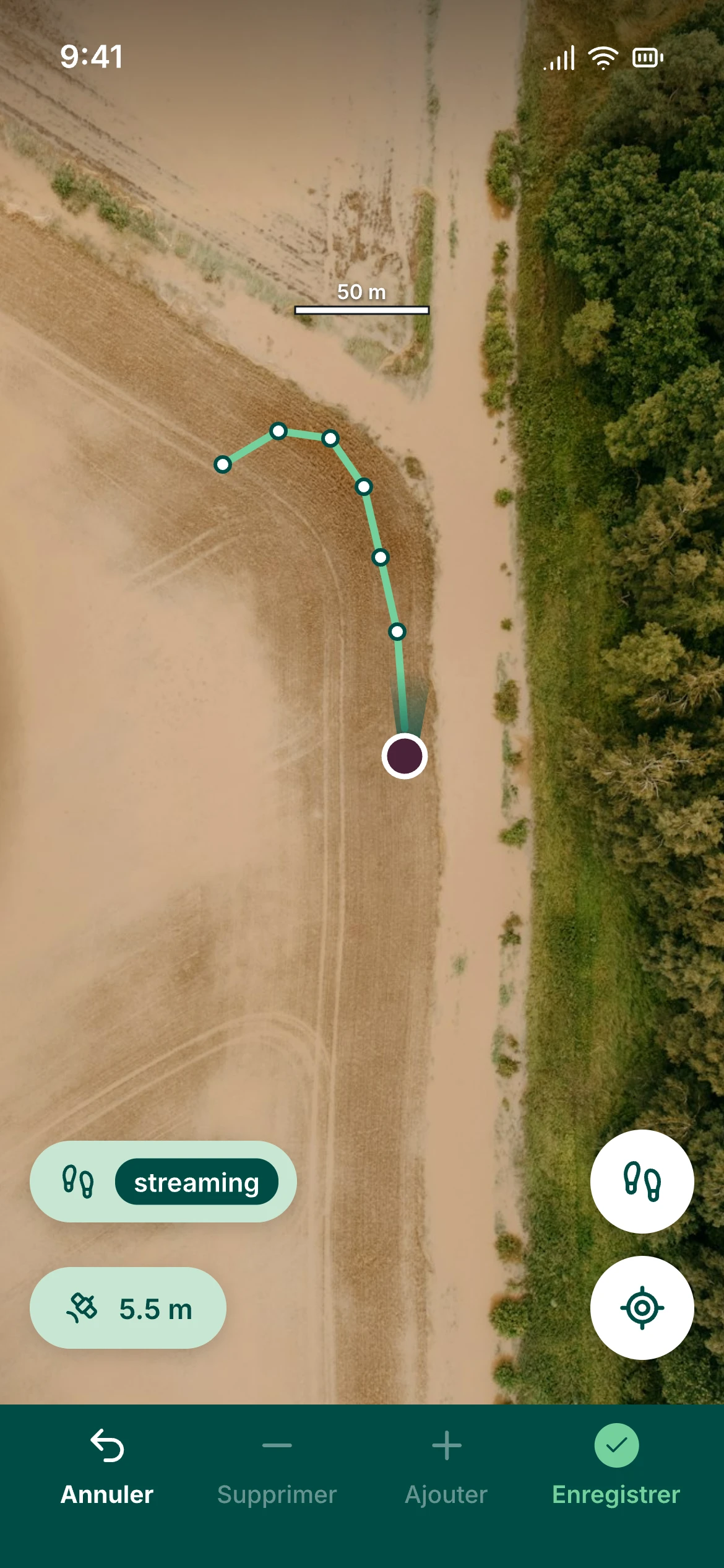 Theo mobile app screen: a plot boundary being recorded point by point, with the GPS accuracy